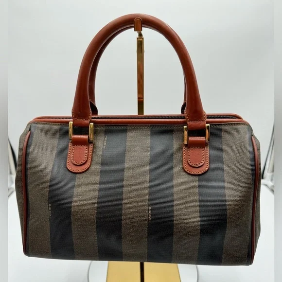Fendi-Authentic- Pecan Canvas Boston Bag Brown / Black - Picture 2 of 16